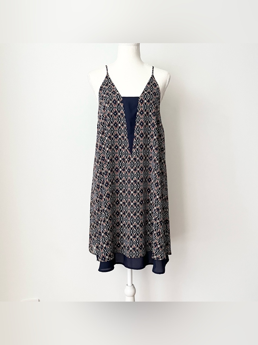 Ezra Print Mini Dress Size S Navy Blue Geometric Straps Trapeze Retro Summer USA